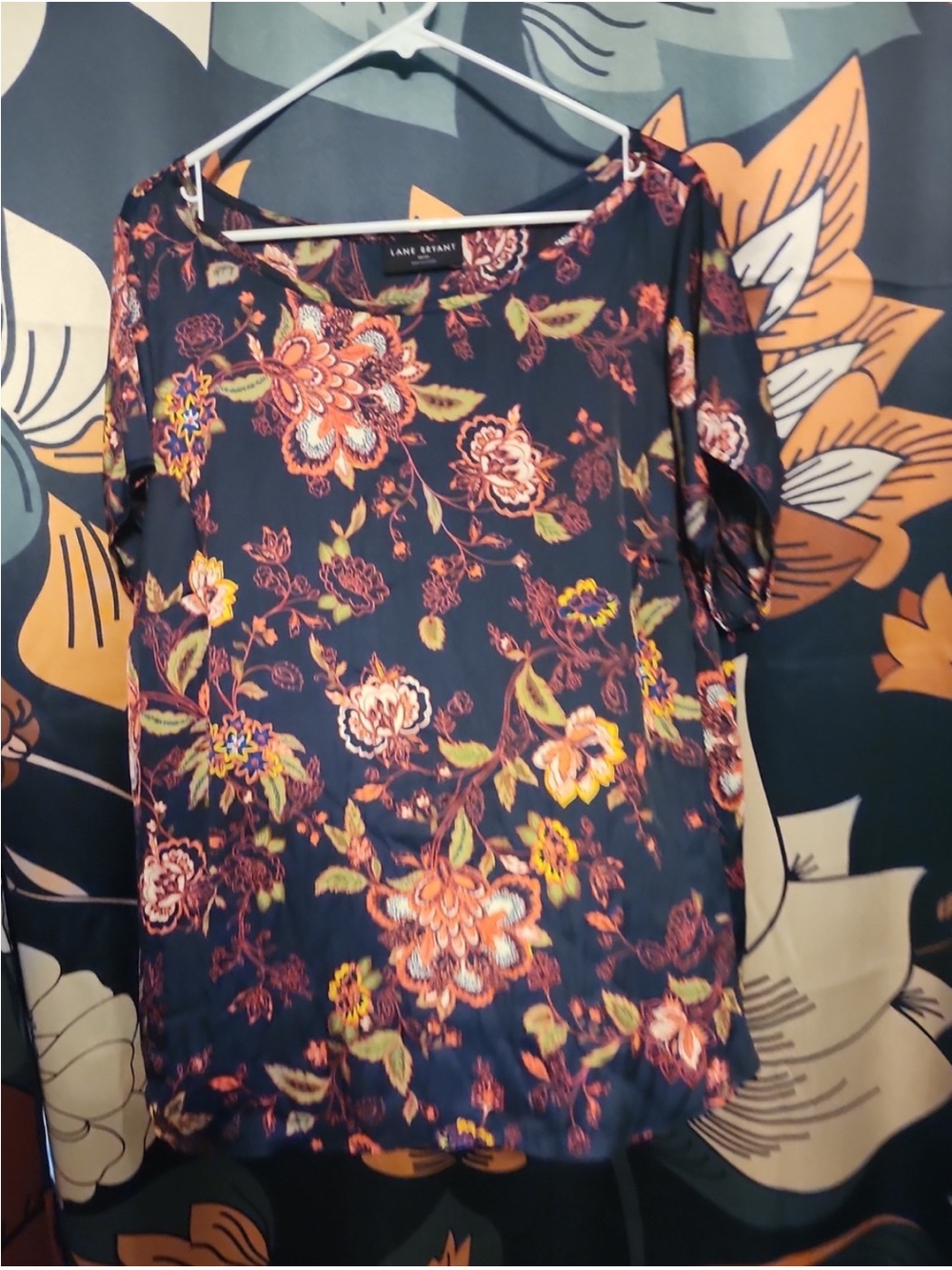 Lane Bryant Navy Floral Short-Sleeve Tunic with Orange and Green Floral Accents